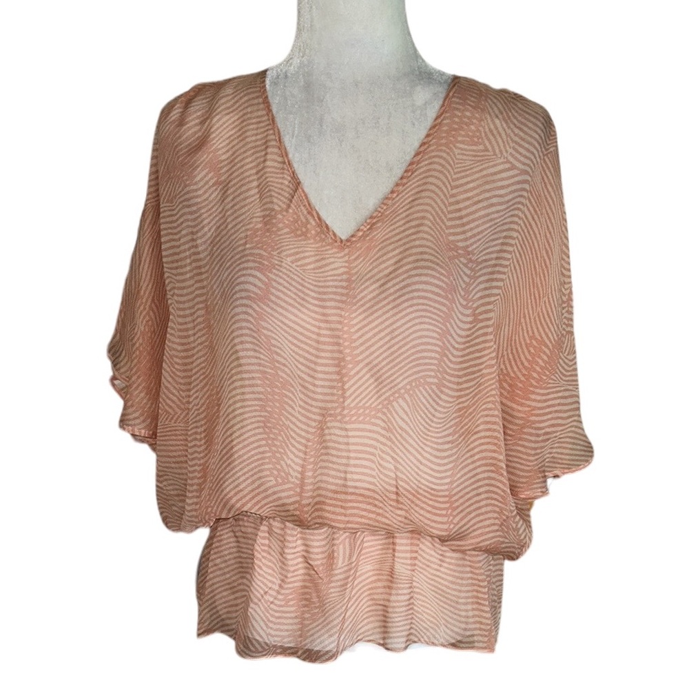 Armani Collezioni Orange Cream Wavy Striped Print Sheer Ruched Blouson Top - 10